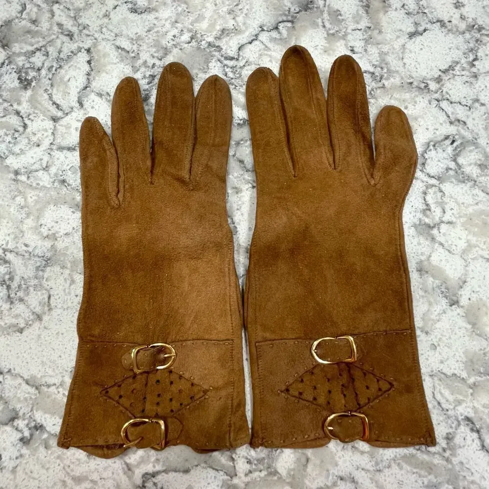 Suede Leather Gloves Fawn Cognac buckles sz 6 1/2